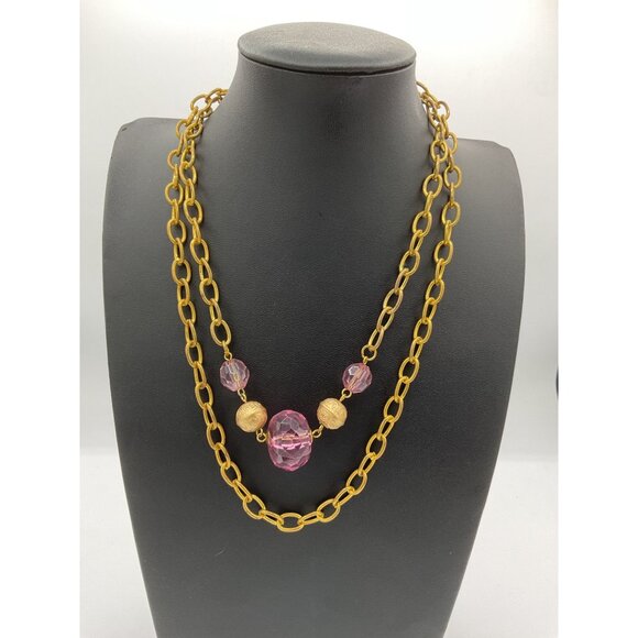 Vintage Double Chain Necklace With Pink & Gold Beads - Picture 1 of 4